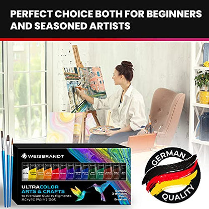 WEISBRANDT Ultra Color Arts & Crafts Acrylic Paints, 14 Colors, Premium Quality Pigments, Matte Finish, 0.4oz/12 ml, Water-Based Acrylic Paint Set,