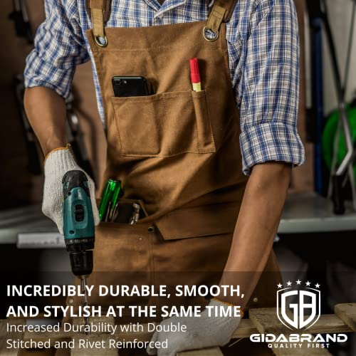 Woodworking Shop Aprons for Men and Women | 16 oz Durable Waxed Canvas Work Apron with Pockets | Cross-Back Straps | Adjustable Tool Apron Up To XXL GIDABRAND