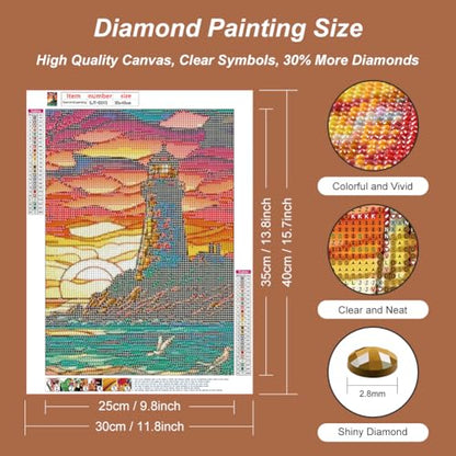 SJUTOUCI Diamond Painting Kits for Adults, Stained Glass Lighthouse Diamond Art Kits for Beginners, DIY Sunset Full Drill Tree Gem Art for Home Wall - WoodArtSupply