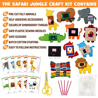 Safari Jungle Animals Sewing Kit Zoo Felt Animal DIY Crafts for Girls and Boys Educational Nursery Sewing for Kids Art Craft Kits for Beginners Set