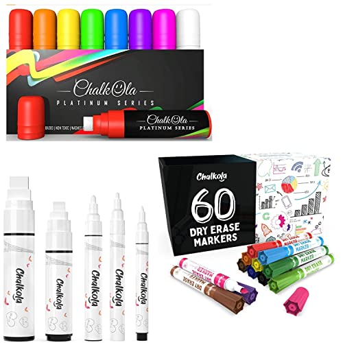 Chalkola Markers Bundle - 8 Neon 15mm + 5 White + 60 Dry Erase Marker - WoodArtSupply