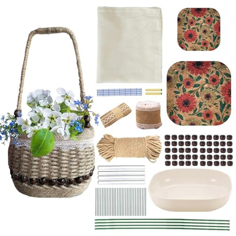 AOUXSEEM 99 Pcs Basket Weaving DIY Kits for Beginners, Jute Rope Woven Lace Storage Flower Basket with Handles for Easter Picnics Home Wedding AOUXSEEM