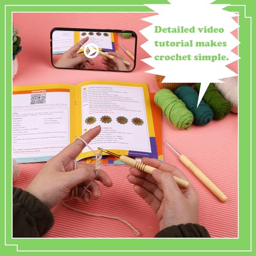 FTEVEN Beginners Crochet Kit, 6pcs Coasters Crochet Starter Kit Plant Pot, Complete Craft Knitting Supplies Kit with Step-by-Step Video Tutorials, FTEVEN