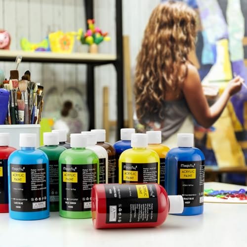 Magicfly Acrylic Paint 12 Colours/473ml, Large Bottles Acrylic Paint Set Rich Pigment Colours for Artists, Beginners, Amateurs on Glass, Stone, Magicfly
