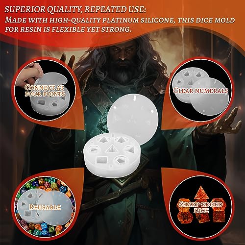 DND Dice Mold for 7 Polyhedral Sharp Edge Dice Set - Reusable Silicone Dice Making Mould with Resin Casting Tools - Custom Your Dice Molds for