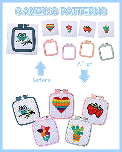 Pllieay 5PCS Cross Stitch Kits for Beginners for Kids 7-13, Includes 5 Project Patterned and 5pcs Square Embroidery Hoops, 11 Skeins, Needle Point Pllieay