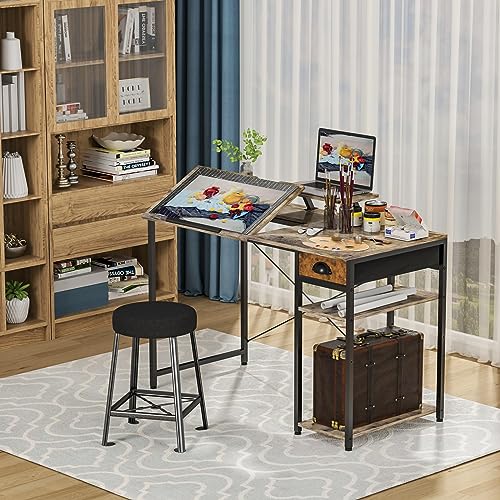 X-cosrack Computer Desk with Storage Shelves Drawer, 43” Home Office Desk with Monitor Stand, Adjustable & Tiltable Draft Drawing Table Writing Study X-cosrack