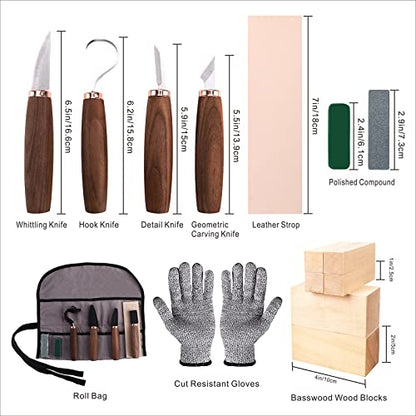 Wood Carving Tools Pack of 15- Includes Black Walnut Handle Wood Carving Knife,Whittling Knife,Hook Knife,Polishing Compound,Sharpening Stone,Cut