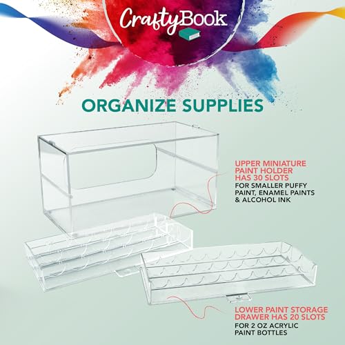 CraftyBook Acrylic Paint Storage Organizer - 50 Bottle Miniature, Hobby, Enamel, Model Paint Holder - 2 Drawer Clear Acrylic Craft Storage - Desktop CraftyBook