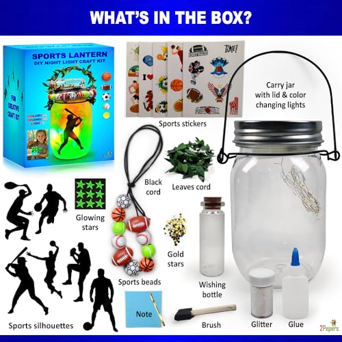 Make Your Own Sports Night Light Lantern Jar Arts & Crafts For Boys And Girls, Football, Soccer, Basketball, Tennis & Baseball Gifts For Kids, DIY 2Pepers