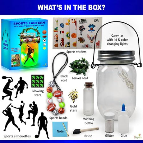 Make Your Own Sports Night Light Lantern Jar Arts & Crafts For Boys And Girls, Football, Soccer, Basketball, Tennis & Baseball Gifts For Kids, DIY 2Pepers