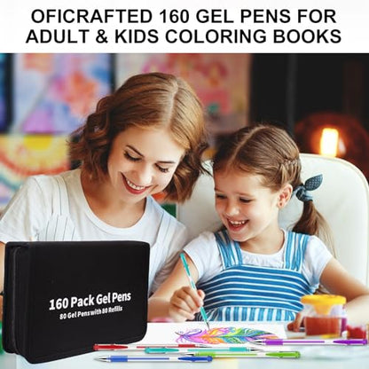 Oficrafted 160 Pack Gel Pen Sets for Adult Coloring Books, Colored Gel Pens with 40% More Ink, Gel Coloring Pens with Travel Case for Artists and