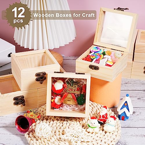 Thyle 12 Pcs Unfinished Wooden Boxes with Glass Lid Small Blank Wooden Box Natural Wooden Christmas Gift Boxes 3.5 x 3.5 x 1.8 Inch Wood Box for
