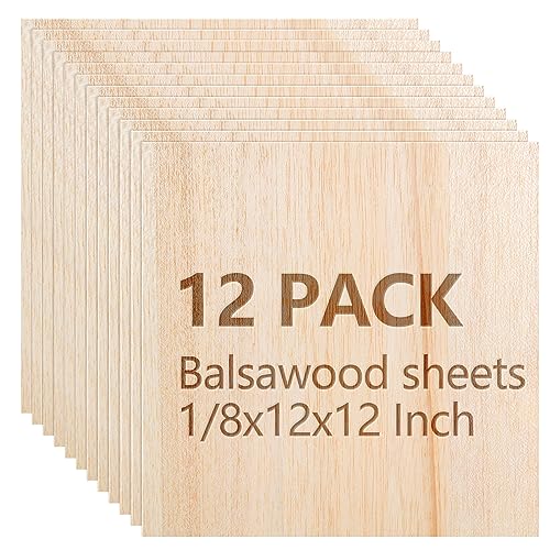 12 Pack 11.8 x 11.8 x 1/8 Inch Balsa Wood Sheets Thin Craft Balsawood Sheets Unfinished Wood Board for Architectural Models Painting Wood Engraving