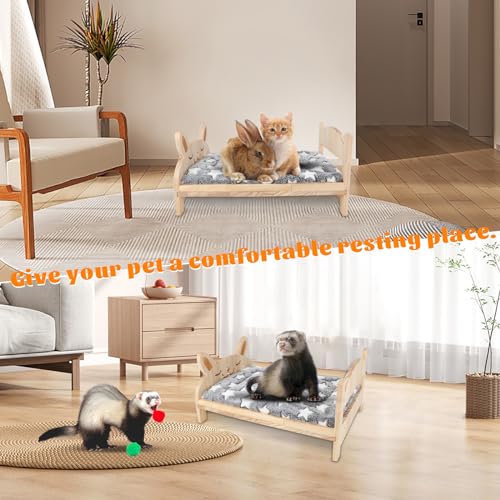 BWOGUE Large Wooden Rabbit Bed, 2 in 1 Folding Wooden Pet Bed with Removable Cushion Small Animals Bed for Rabbits Bunny Guinea Pigs Kittens Puppy - WoodArtSupply