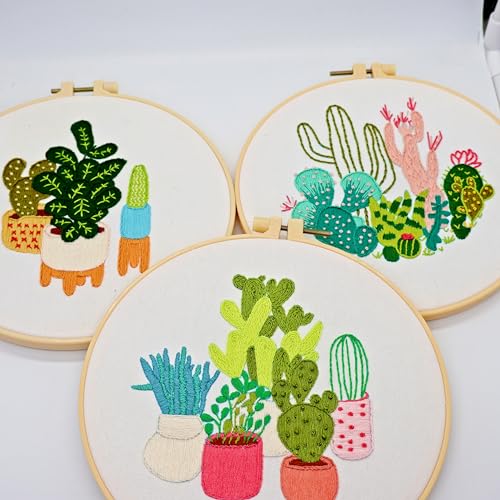 Highkick Embroidery Starter Kits for Adults Beginners with Stamped Pattern,  Embroidery Floss + Needles + Hoop, Cactus Series, 3 Pack