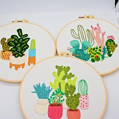 Highkick Embroidery Starter Kits for Adults Beginners with Stamped Pattern, Embroidery Floss + Needles + Hoop, Cactus Series, 3 Pack - WoodArtSupply