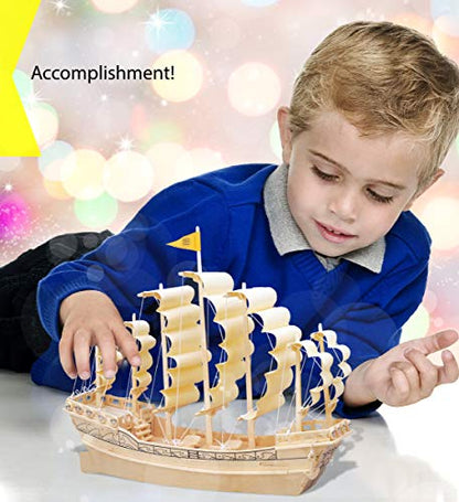 Puzzled 3D Puzzle Ancient Sailboat Wood Craft Construction Model Kit, Unique & Educational DIY Wooden Toy Assemble Model Unfinished Crafting Hobby