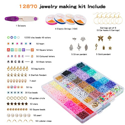 Maxzola inc. 12870 Pcs Clay Beads for Bracelet Necklace Jewelry Making Kit, Polymer Flat Round Beads with Elastic Strings Pendant Charms Set - WoodArtSupply