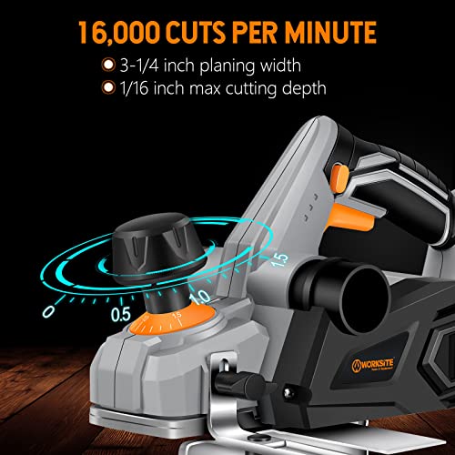 WORKSITE Hand Planer 20V Cordless 3-1/4-Inch Wood Planer with 4.0 Ah Lithium-Ion Battery, Fast Charger, Dust Collection Bag for Woodworking WORKSITE