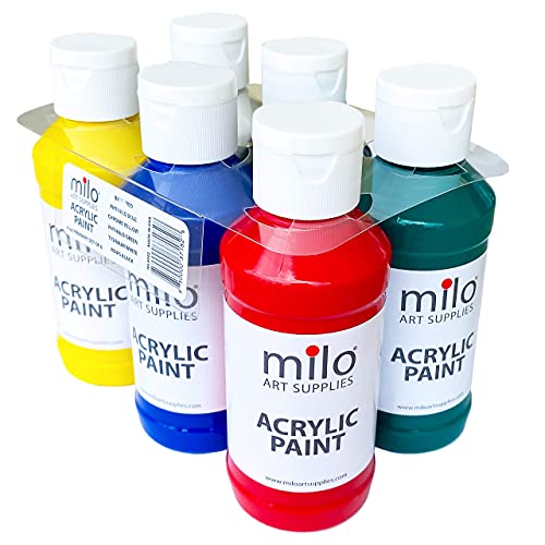 milo Acrylic Paint Set of 6 Colors | 4 oz Bottles | Student Primary Colors Acrylics Painting Pack | Made in the USA | Non-Toxic Art & Craft Paints milo
