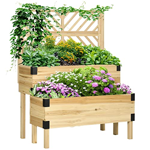 Outsunny Raised Garden Bed with Trellis, 2 Tier Wooden Elevated Planter Box with Legs and Metal Corners, for Vegetables, Flowers, Herbs, Natural