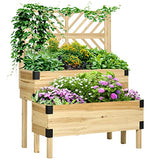 Outsunny Raised Garden Bed with Trellis, 2 Tier Wooden Elevated Planter Box with Legs and Metal Corners, for Vegetables, Flowers, Herbs, Natural Outsunny