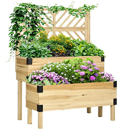 Outsunny Raised Garden Bed with Trellis, 2 Tier Wooden Elevated Planter Box with Legs and Metal Corners, for Vegetables, Flowers, Herbs, Natural