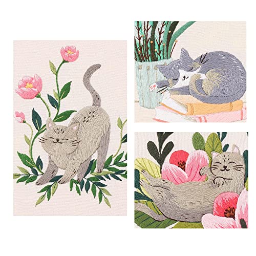 Myfelicity Cat Embroidery Kit 3 Patterns Fabric Threads Needles Hoops Instructions Myfelicity
