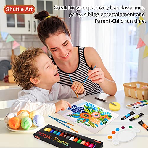 Shuttle Art 47 Pack Acrylic Paint Set, 15 Colors (12ml Each, 2Pack) Acrylic Paint with 10 Brushes Painting Canvas Knife Palette Sponge, Complete Gift Shuttle Art