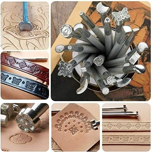 KLLsmDesign Leather Craft Working Suit Set Included Pattern Alphabet Digital Stamp Punch, Dotting Tools, Leather Swivel Knife, Hammer, Roller for - WoodArtSupply