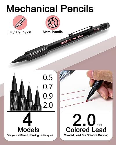 Nicpro 27PCS Art Mechanical Pencils Set in Case, Metal Drafting Pencil 0.5, 0.7, 0.9 mm & 2mm with 13 Tube Lead Refills(4B 2B HB 2H 4H Colors) Nicpro