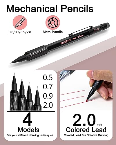 Nicpro Metal 2.0 Mechanical Pencil Set with Case, 3 PCS Drafting Lead