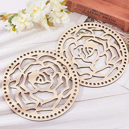 AHANDMAKER 2 pcs Natural Wooden Basket Bottom, 7.8 Inch Rose Circle Blank Hollow Crochet Basket Wood Base for DIY Knitting Bag Bottom Shaper Craft - WoodArtSupply