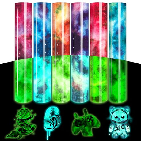 Tintnut Glow in Dark HTV Heat Transfer Vinyl - 12x10 inch 6 Sheets Luminous Galaxy Iron on Vinyl Galaxy HTV Vinyl for T-Shirts DIY Compatible with Tintnut