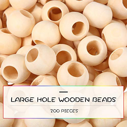 200 Pieces Large Hole Wooden Beads for Macrame Natural Round Wood Loose Beads Unfinished Wood Spacer Beads for Bracelet Pendants Crafts DIY Jewelry