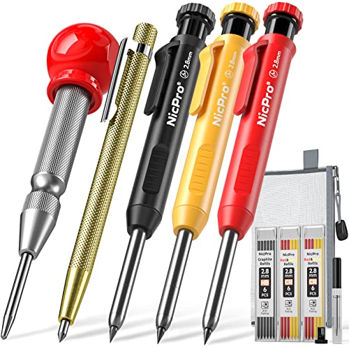 Nicpro 10 Pack Carpenter Pencil Set with Sharpener, Mechanical Carpenter Pencils with 21 Refill, Automatic Center Puncha and Carbide Scribe Tool, Nicpro