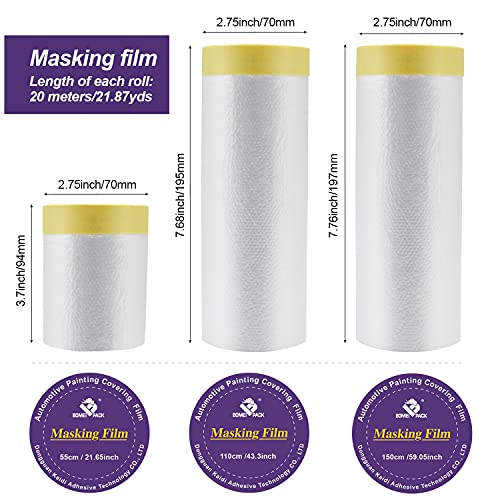BOMEI PACK 6Rolls Pre-Taped Masking Film, Tape and Drape for Automotive Painting Covering, 3 Multi Size x 66Feet/ Roll BOMEI PACK