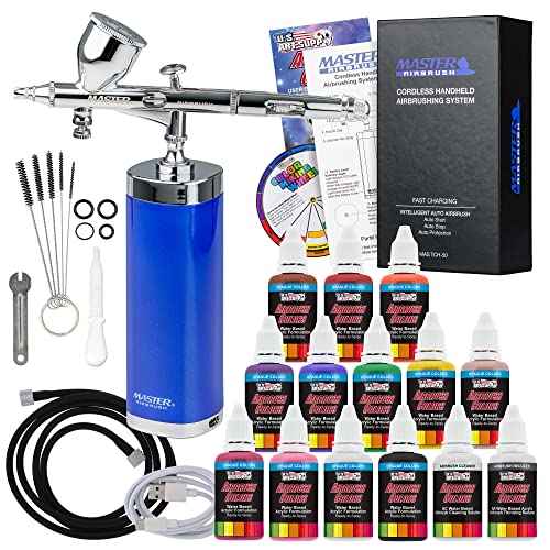 Master Airbrush Powerful Cordless Handheld Acrylic Paint Airbrushing System with 12 Primary Opaque Paint Colors, Reducer Cleaner Kit - 20 to 36 PSI, - WoodArtSupply