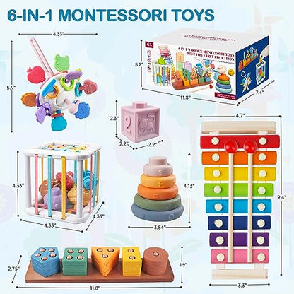 6 in 1 Montessori Baby Toys for 1 + Year Old, Infant Sensory Teething Toys for Babies 6-12 Months, Wooden Stacking Building Blocks Shape Sorter, - WoodArtSupply