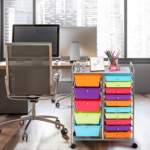 Giantex 15-Drawer Organizer Cart Office School Storage Cart Rolling Drawer Cart for Tools, Scrapbook, Paper (Multicolor) Giantex