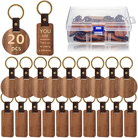 20 Pcs Blank Wooden Keychains Leather Keychains for Engraving Blanks Keychain with Container for DIY Employee Gifts Craft Inbagi