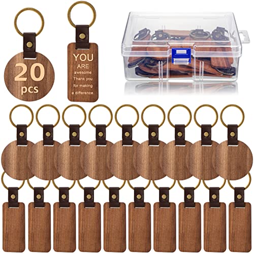 20 Pcs Blank Wooden Keychains Leather Keychains for Engraving Blanks Keychain with Container for DIY Employee Gifts Craft - WoodArtSupply