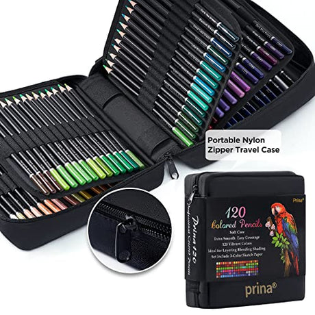 PRINA Art Supplies 120-Color Colored Pencils Set for Adults Coloring Books with Sketchbook, Professional Vibrant Artists Drawing Sketching Blending PRINA