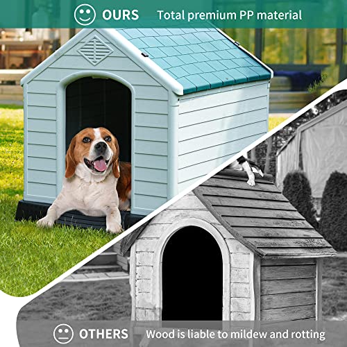 DWVO Large Outdoor Dog House, Plastic Doghouse with Air Vents and Ground Nails, Insulated Water Resistant Puppy Shelter for Small Medium Dogs - WoodArtSupply