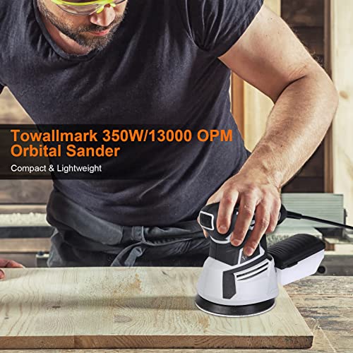 2.6A Random Orbital Sander,Towallmark 350W Orbital Sander with 6 Variable Speed,13000RPM Electric Sander with 12Pcs Sandpapers,1 Pcs Dust Box,Sander Towallmark