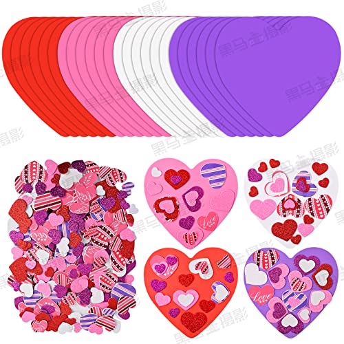 386 Pcs Valentine's Foam Heart Stickers Kit Includes 370 Pcs Glitter Self-Adhesive Heart Foam Stickers and 16 Pcs Colorful Large Foam Hearts for Lecferrarc