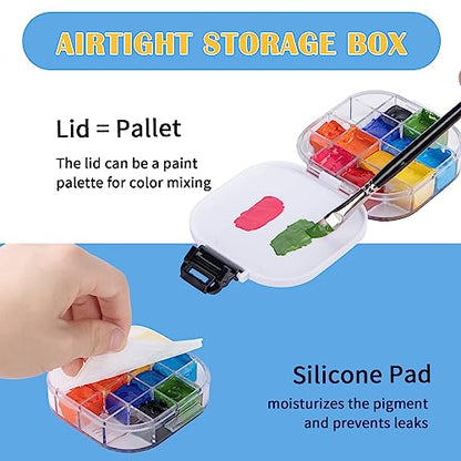 Falling in Art 16 Wells Paint Palette, Airtight Palette Storage Box with Lid and Folding Paint Brush Basin for Watercolor, Gouache and Acrylic - WoodArtSupply