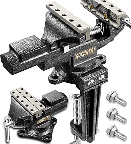 Dual-Purpose Bench Vise 3.3”, 360° Swivel Vice for Workbench with Heavy Duty Forged Steel Construction, Grooved Jaw, Portable Clamp-on Table Vise for Gioventù