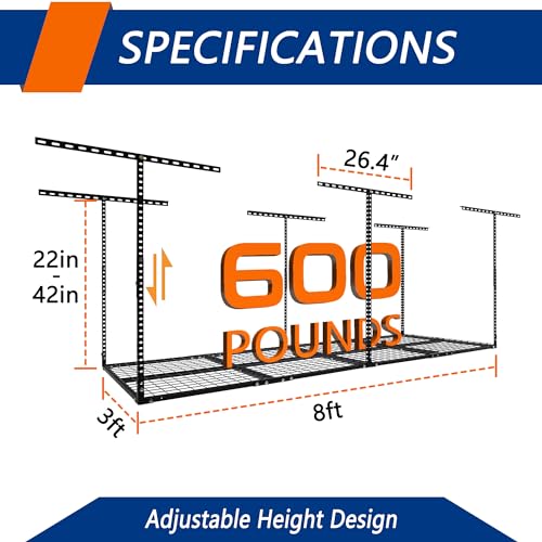 3 x 8FT Overhead Garage Storage Rack, Adjustable Ceiling Storage Racks, Garage Shelving Heavy Duty Storage Organizer System, 600lbs Weight Capacity - WoodArtSupply